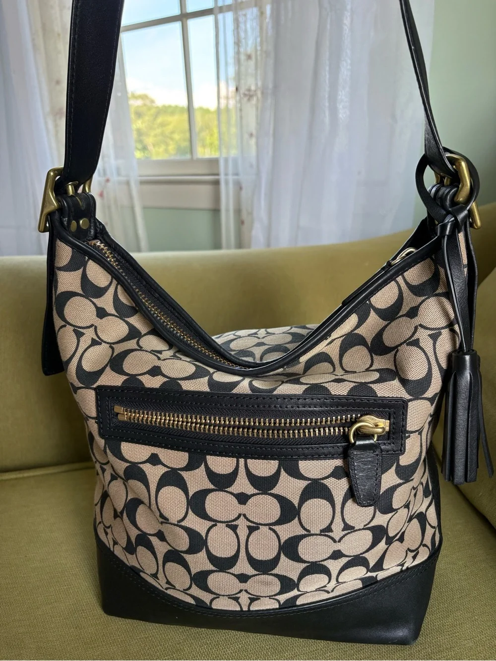 Coach Canvas Signature Shoulder Bag in Khaki and Black